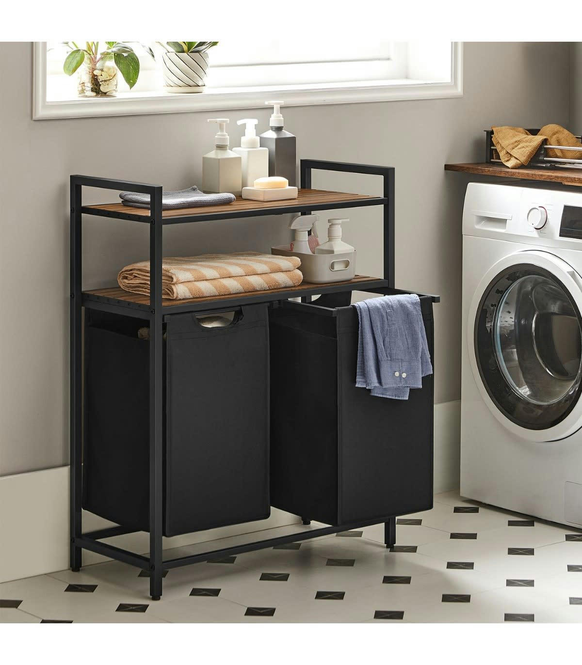 - Bac à linge avec 2 compartiments de 46L et 2 étagères