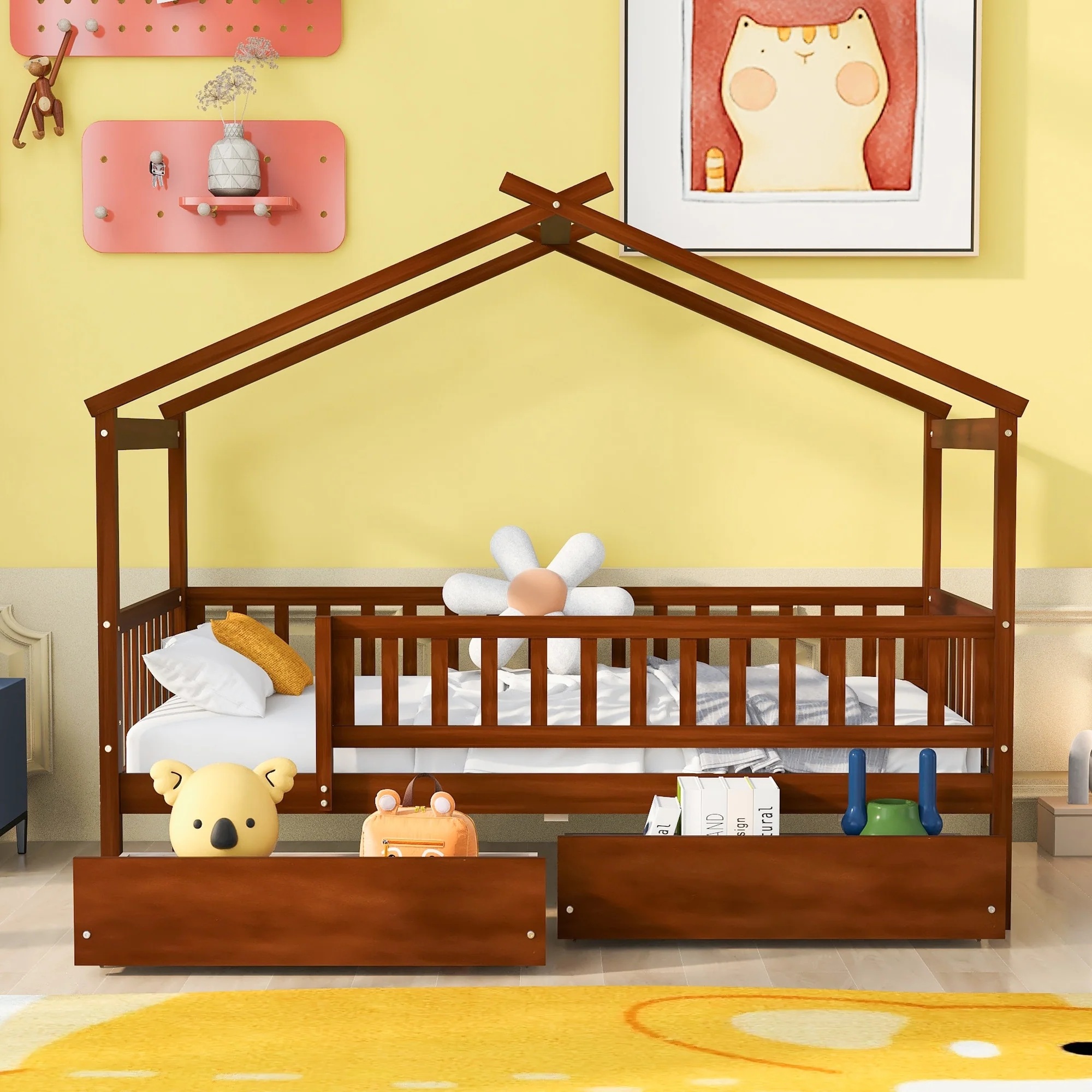 Twin Size Wooden House Bed with Drawers and Roof Design, Kids Bed Frame
