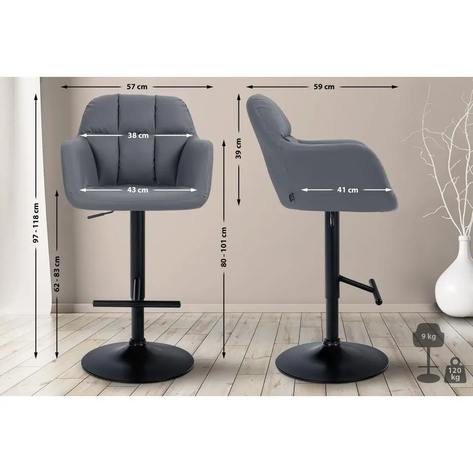 CLP Barkruk Natoma zwart Frame - Kunstleer - grijs