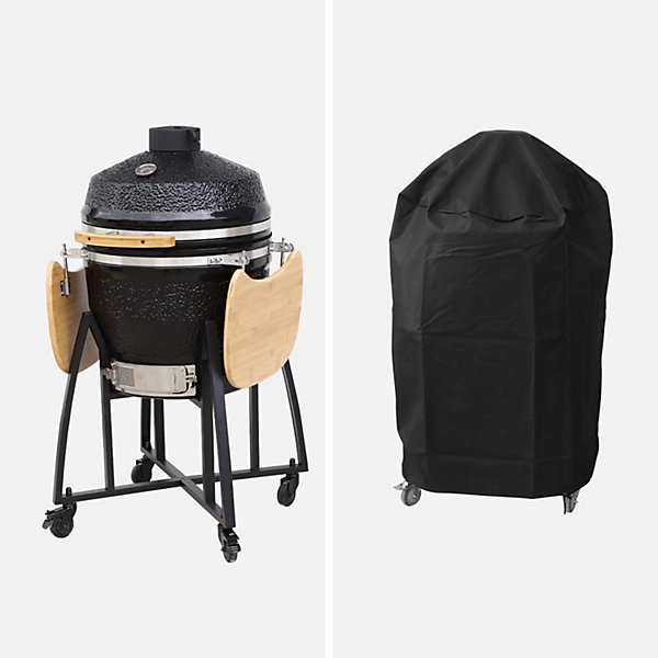 Barbecue charbon en céramique. Kamado D.54.5cm. avec chariot. garde au chaud. récupérateur de cendre et housse. tablettes