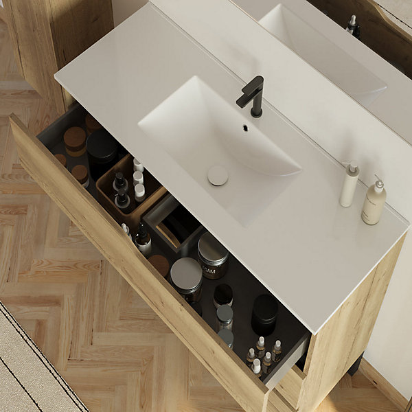 Meuble sous vasque seul, 3 tiroirs, 100cm, simple vasque - madera miel (chêne clair) - MATA