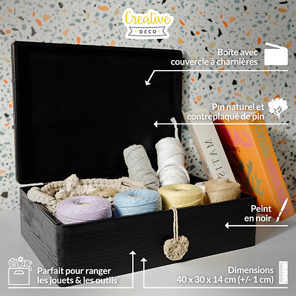 Creative Deco Boite de Rangement en Bois Noir 40 x 30 x 14 cm ( /- 1 cm) - Avec Couvercle - Boîte à Souvenirs - Boîte à Jouets