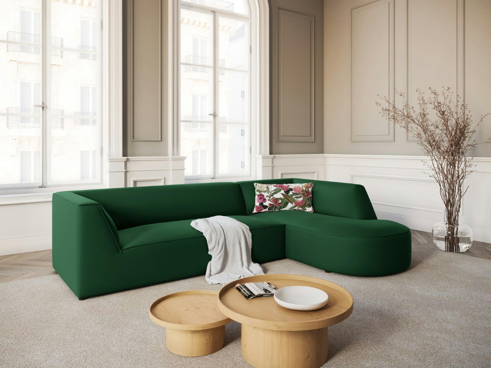 CHARLES - Canapé D'Angle Droit 4 places en Velours Vert