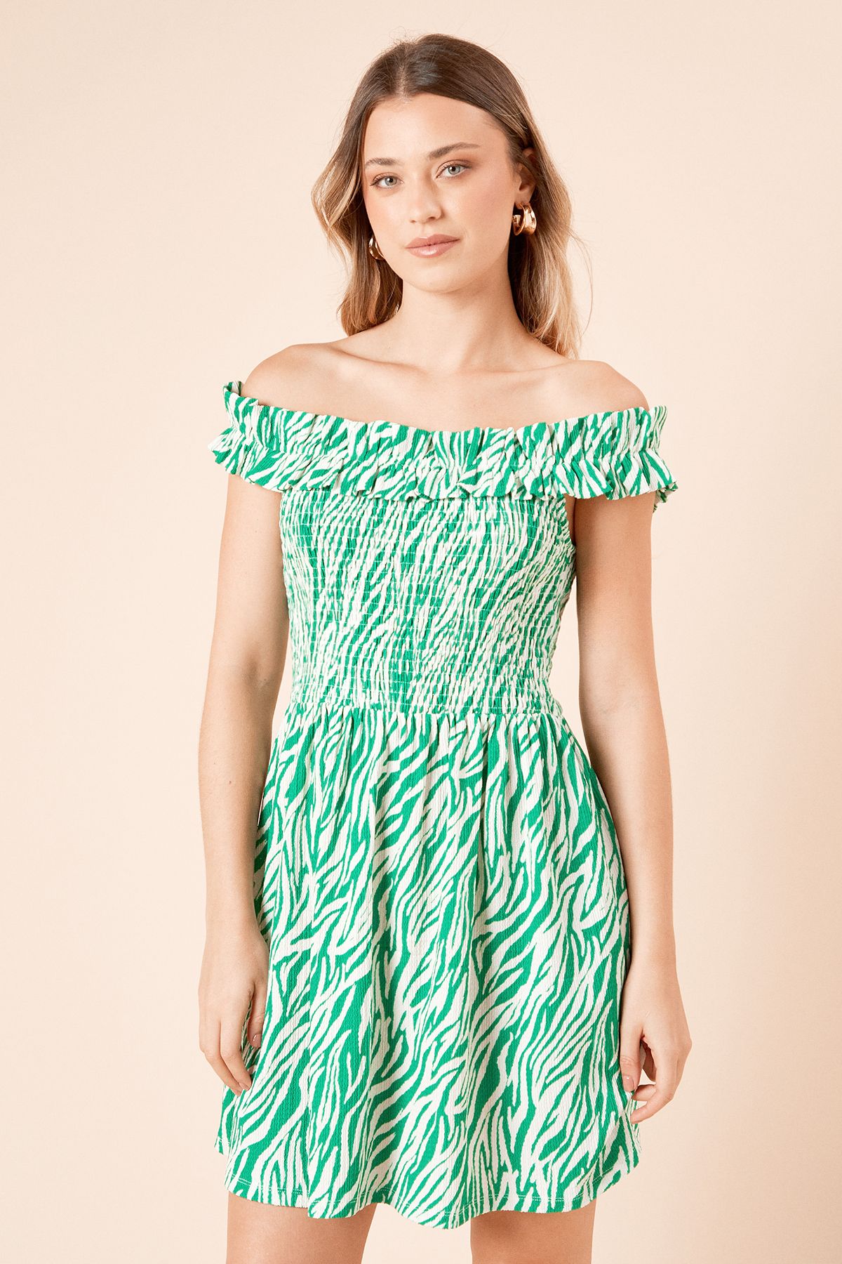 Dorothy Perkins Zebra Shirred Bodice Bardot Jersey Mini Dress