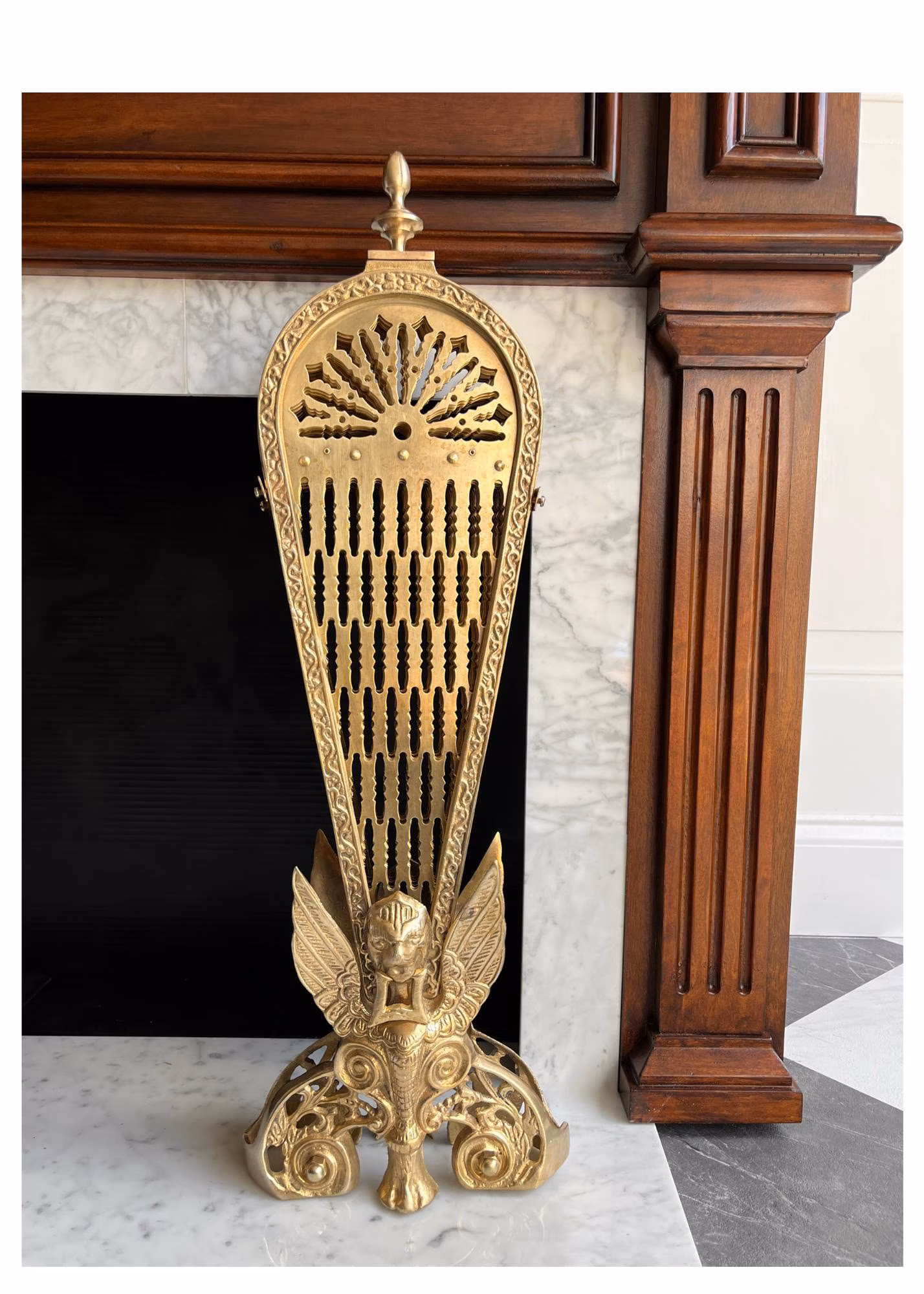 Vintage Brass Folding Peacock Style Gargoyle Folding Fireplace Screen