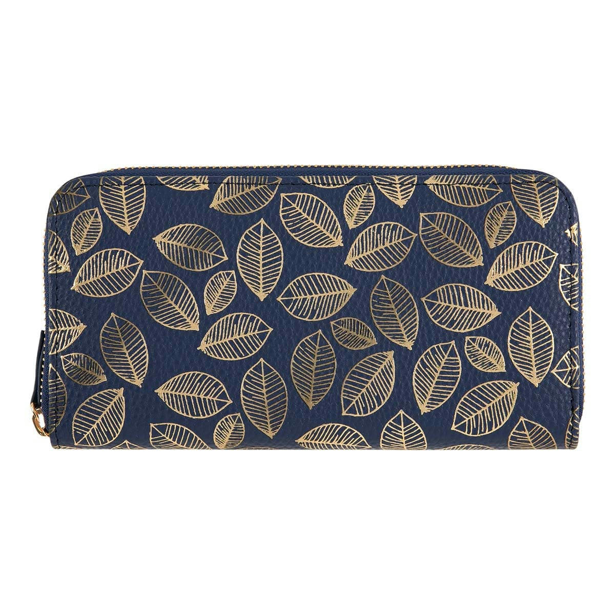 - Grand Portefeuille Femme - Feuilles Dorées - Bleu Marine