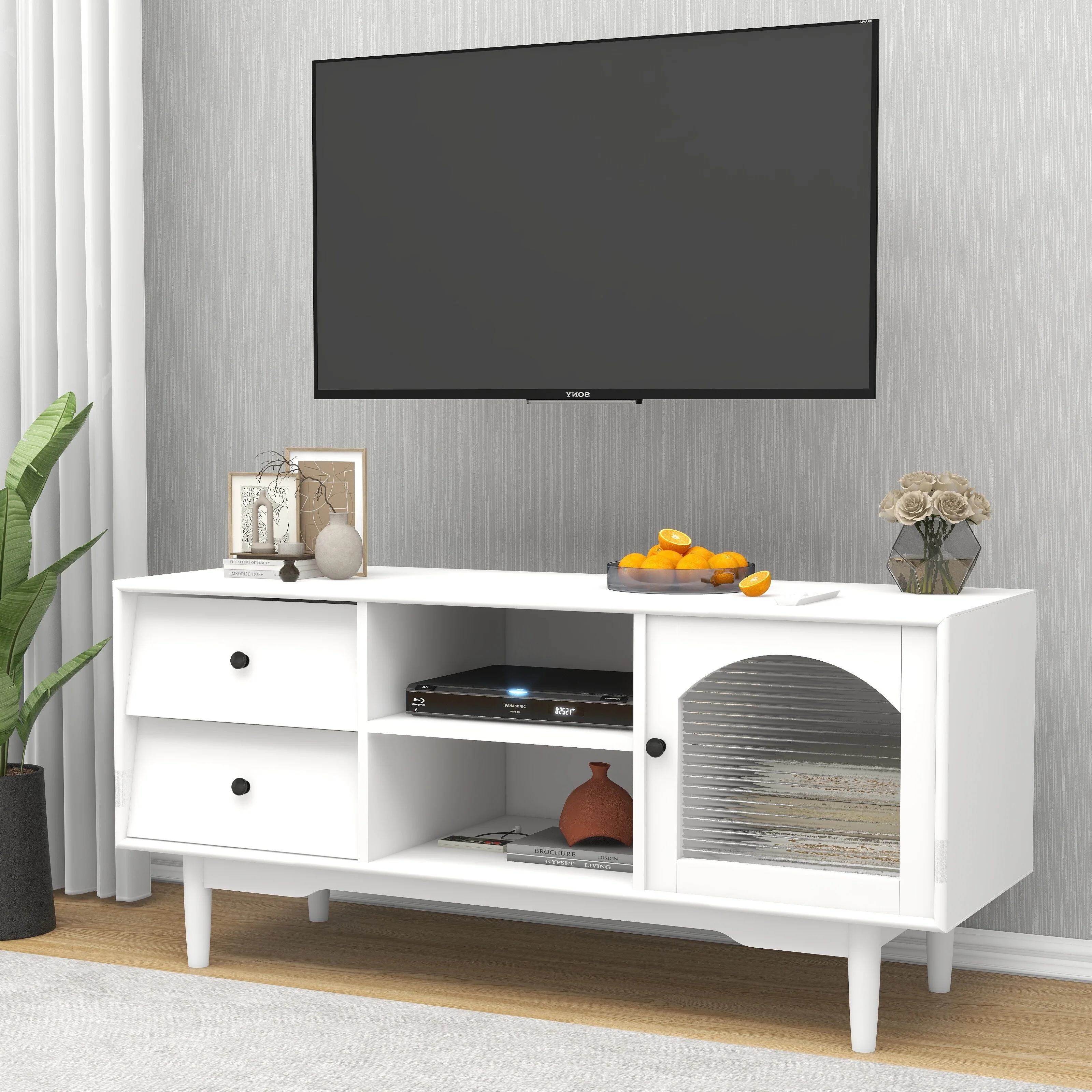 White 47 TV Stand with Glass Doors, Drawers & Shelves for Living Room