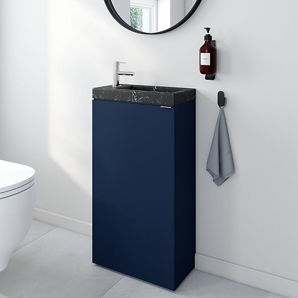 Meuble lave-mains bleu nuit mat l.44 cm Imandra   plan vasque effet marbre noir, GoodHome