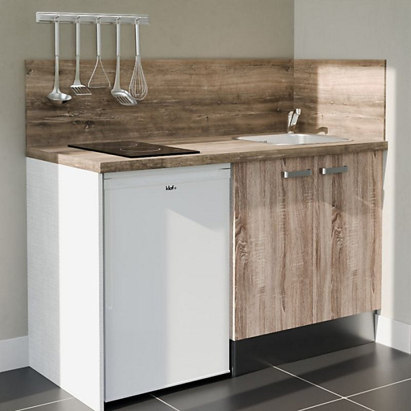 Kitchenette K17 façades Bois - Plan de travail Bois - Crédences : Oui - Evier inox - Electroménager Blanc inclus