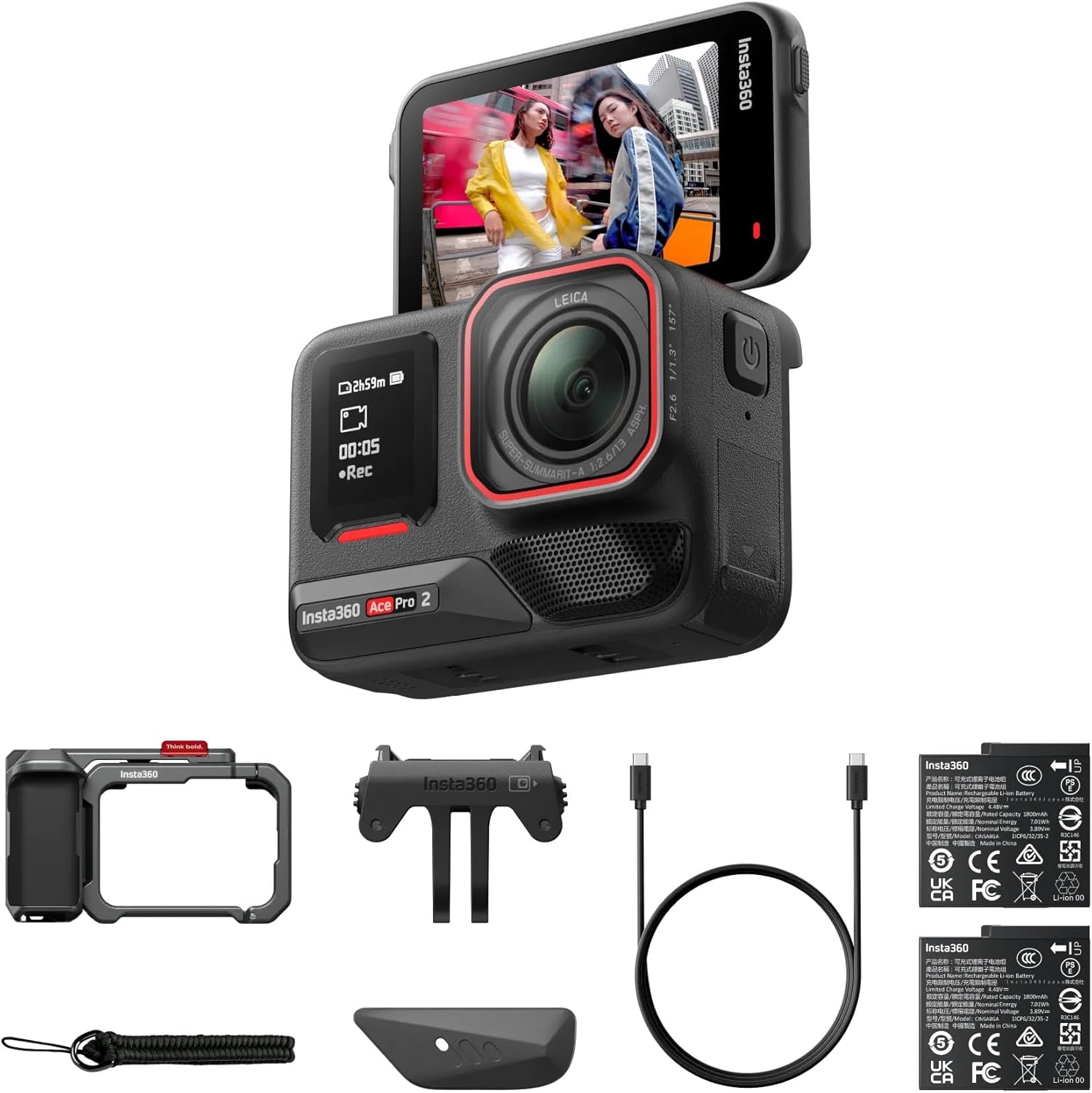 Insta360 Ace Pro 2 Dual Battery Xplorer Bundle - 8K Waterproof Action Camera Co-Engineered with Leica  Flagship 1/1.3 Sensor  8K30fps  4K60fps  2.5 Flip Screen  AI Noise Reduction