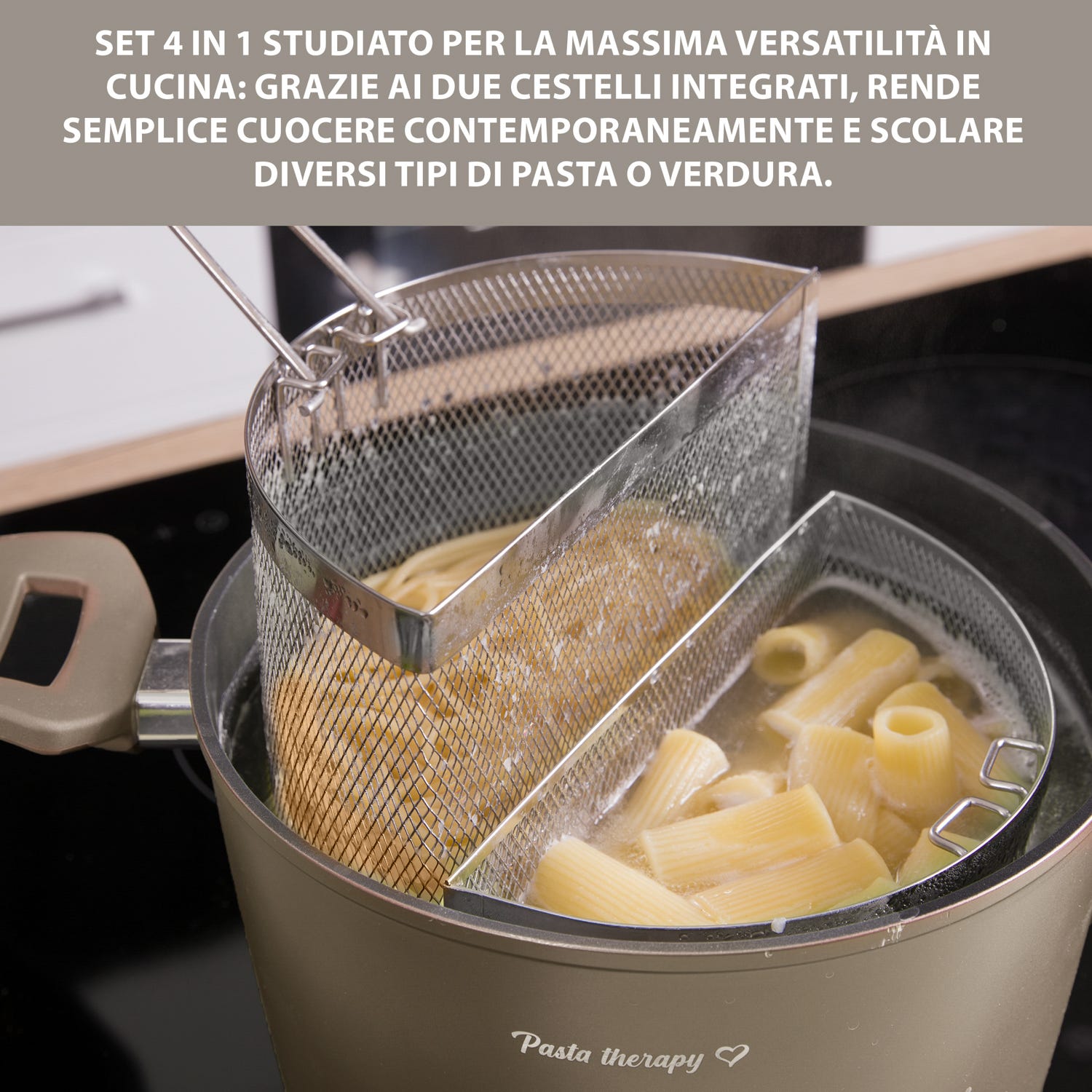 Pentola pasta 22 cm tortora con 2 cestelli e coperchio