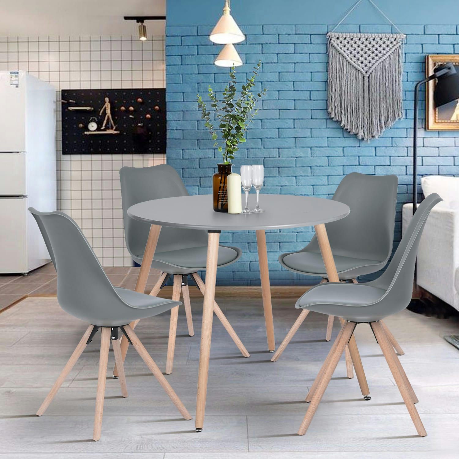 - Table de Salle à Manger Ronde Scandinave Gris Bois 80*80*74cm