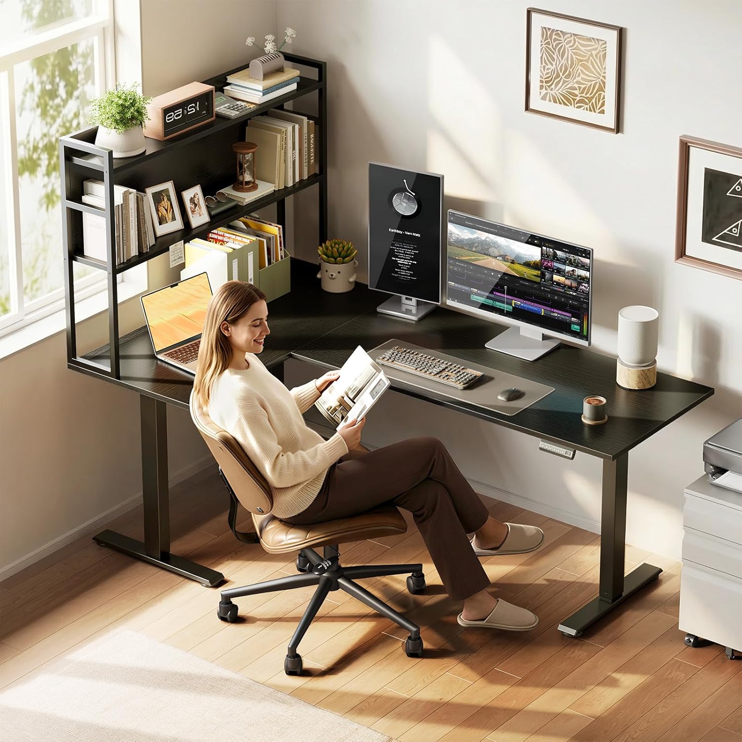 OffiGo L Shaped Electric Standing Desk, 63 Inch Reversible Corner Stand up Table with Hutch, Height Adjustable Ergonomic Large Lift Table for Home Office, Workstation, Black
