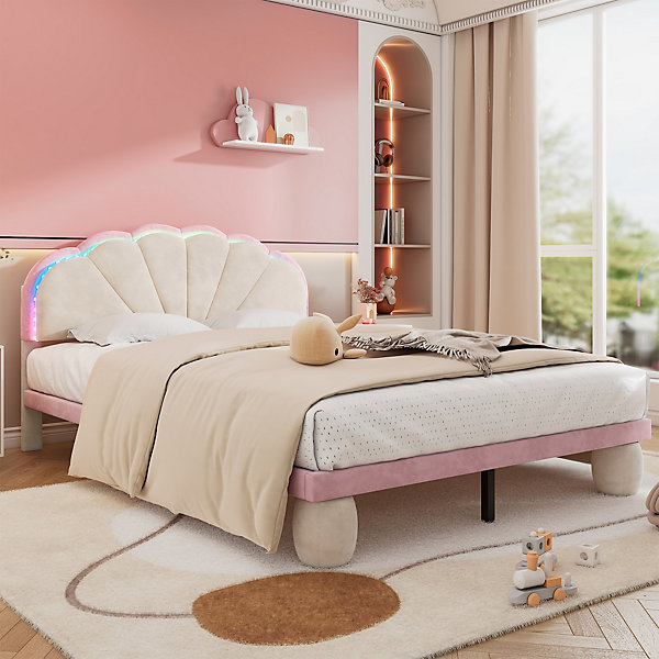 Lit double capitonné 140x200cm, avec bande lumineuse LED, tête de lit ondulée et pieds ronds, grand lit simple, velours, rose