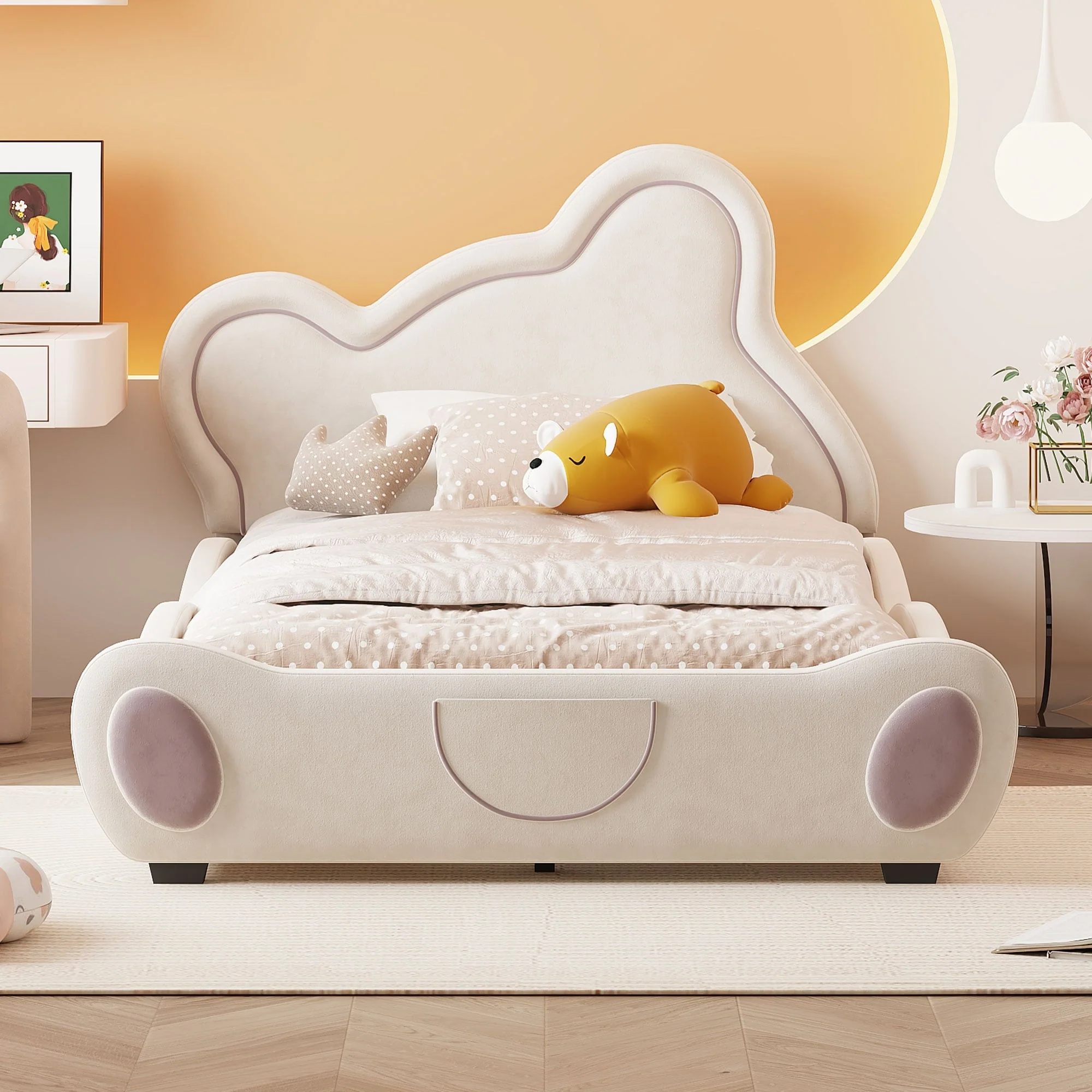 Charming Bear-Shaped Twin Platform Bed with Soft Velvet Upholstery and Storage