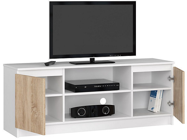 Meuble TV pour salon AKORD Blanc 140 cm 2 portes façade Chêne Sonoma 2 étagères 140x40x55 cm