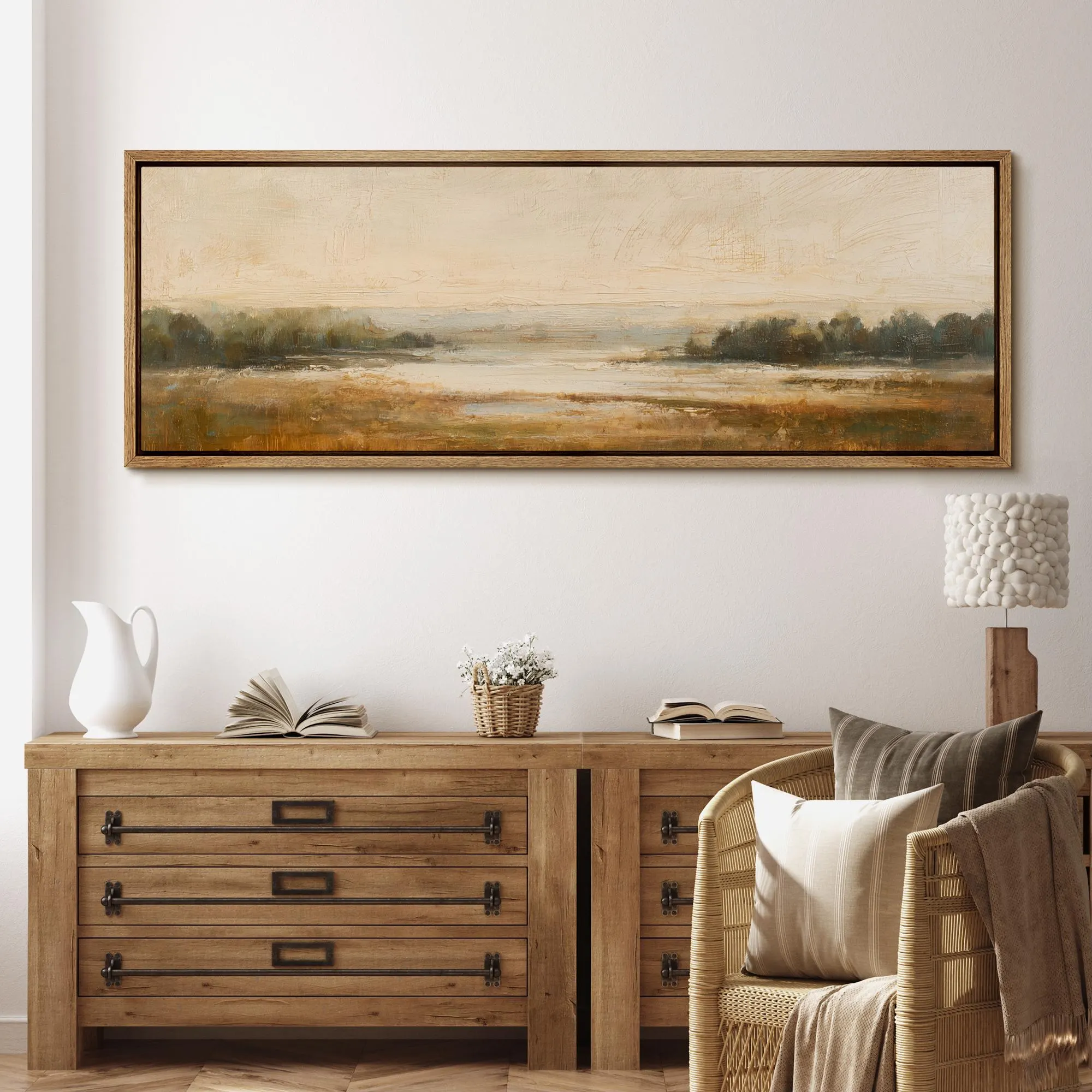 Large Framed Neutral Landscape Wall Art, Warm Earth Tone Marsh Field Scene Canvas Print, Rustic Modern Farmhouse Decor