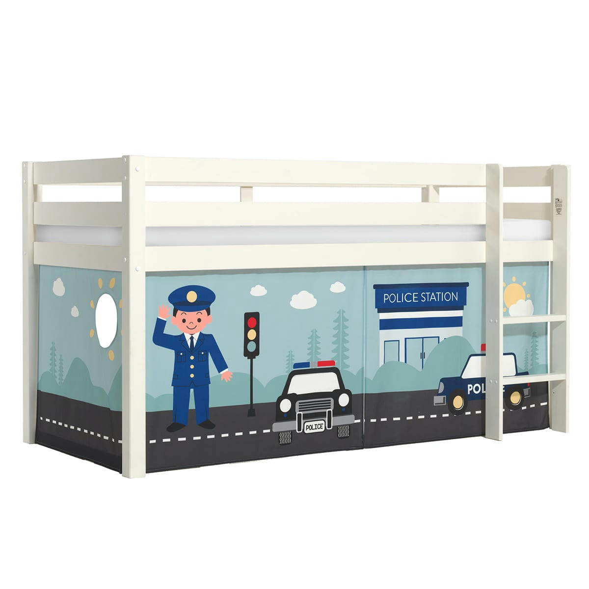 PINO - Lit mi-hauteur 90x200 sommier inclus housse police blanc