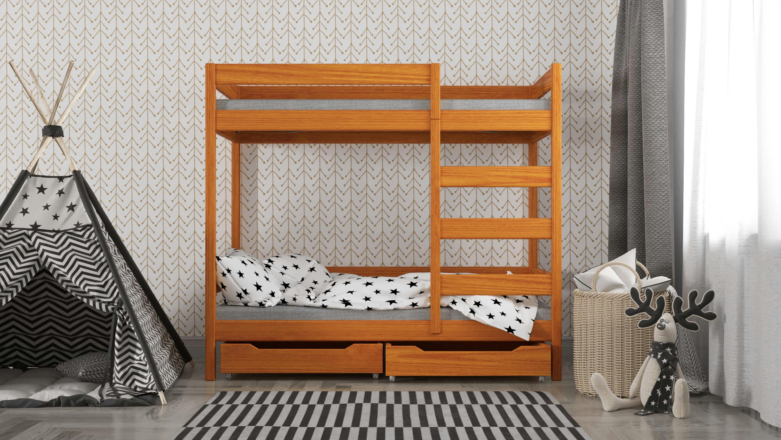 - Lit superposé en pin massif 180x80 couleur teck