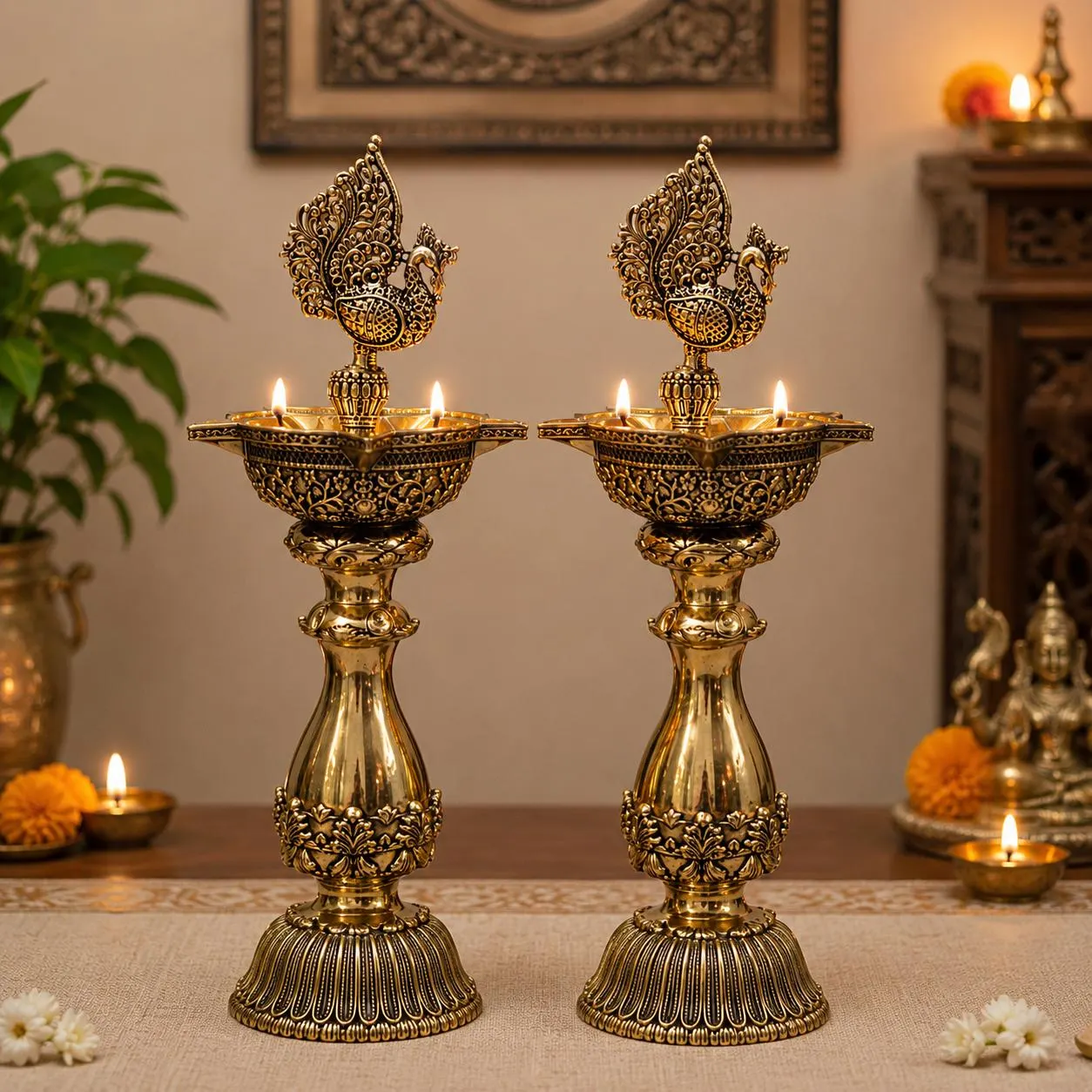 Brass Peacock Diya Oil Lamp | Traditional Indian Puja Decor, Home Temple Accent
