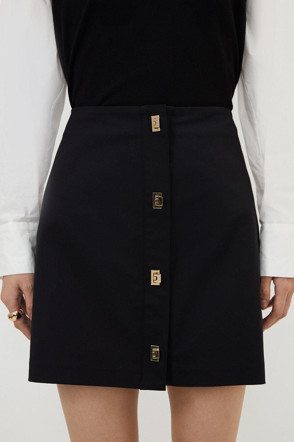 KarenMillen Techno Cotton Woven Skirt With Gold Clasp
