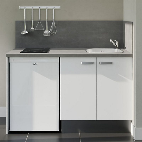 Kitchenette K17 façades Blanc - Plan de travail Gris béton - Crédences : Oui - Evier inox - Electroménager Blanc inclus