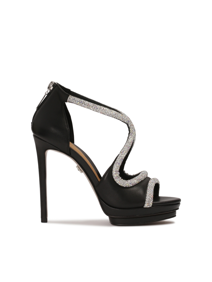 Black formal sandals with silver crystals