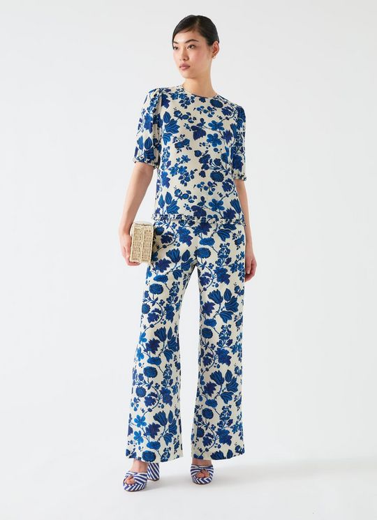 Brielle Birch & Blue Silk China Silk Floral Frill Top