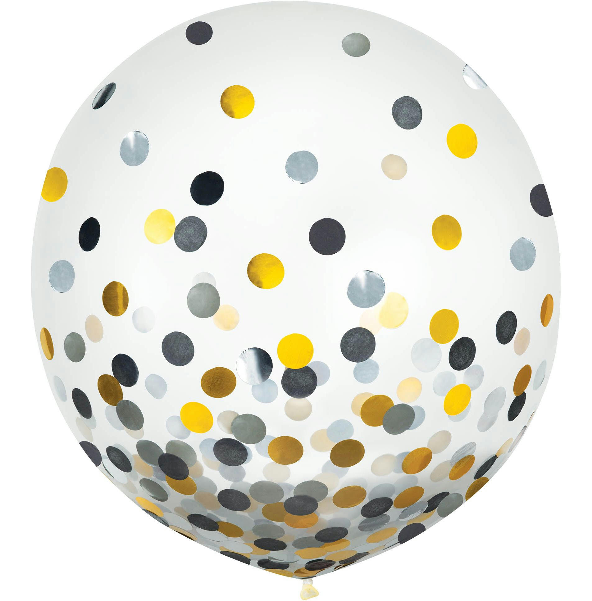 Round Transparent Confetti Latex Balloons, Black/Gold/Silver, 24-in, 2-pk, for Birthday Party