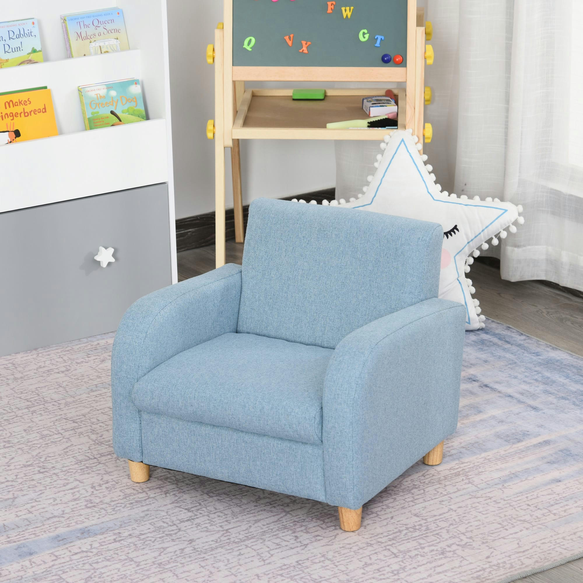 - Fauteuil scandinave enfant grand confort accoudoirs assise lin bleu