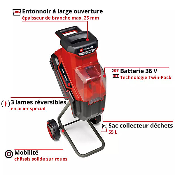 Broyeur de végétaux sans fil sans batterie 18 V, branche maxi 25 mm, bruit 100 dB(A), collecte 55 L, Einhell Redaxxo 36/25