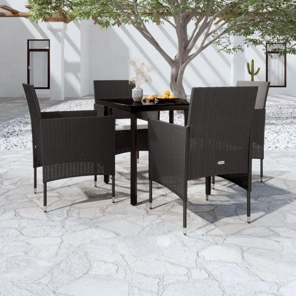 vidaXL - 5-delige Tuinset met wit kussens - Zwart PE rattan en glas - 80x80 cm