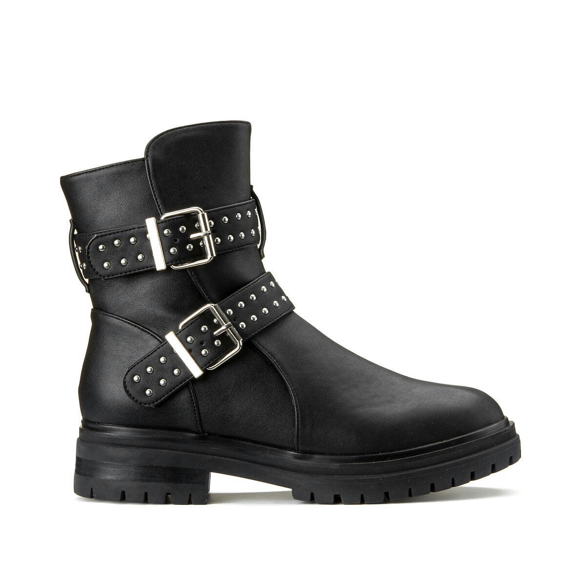 Boots talon plat détails boucles, pied large 38-45