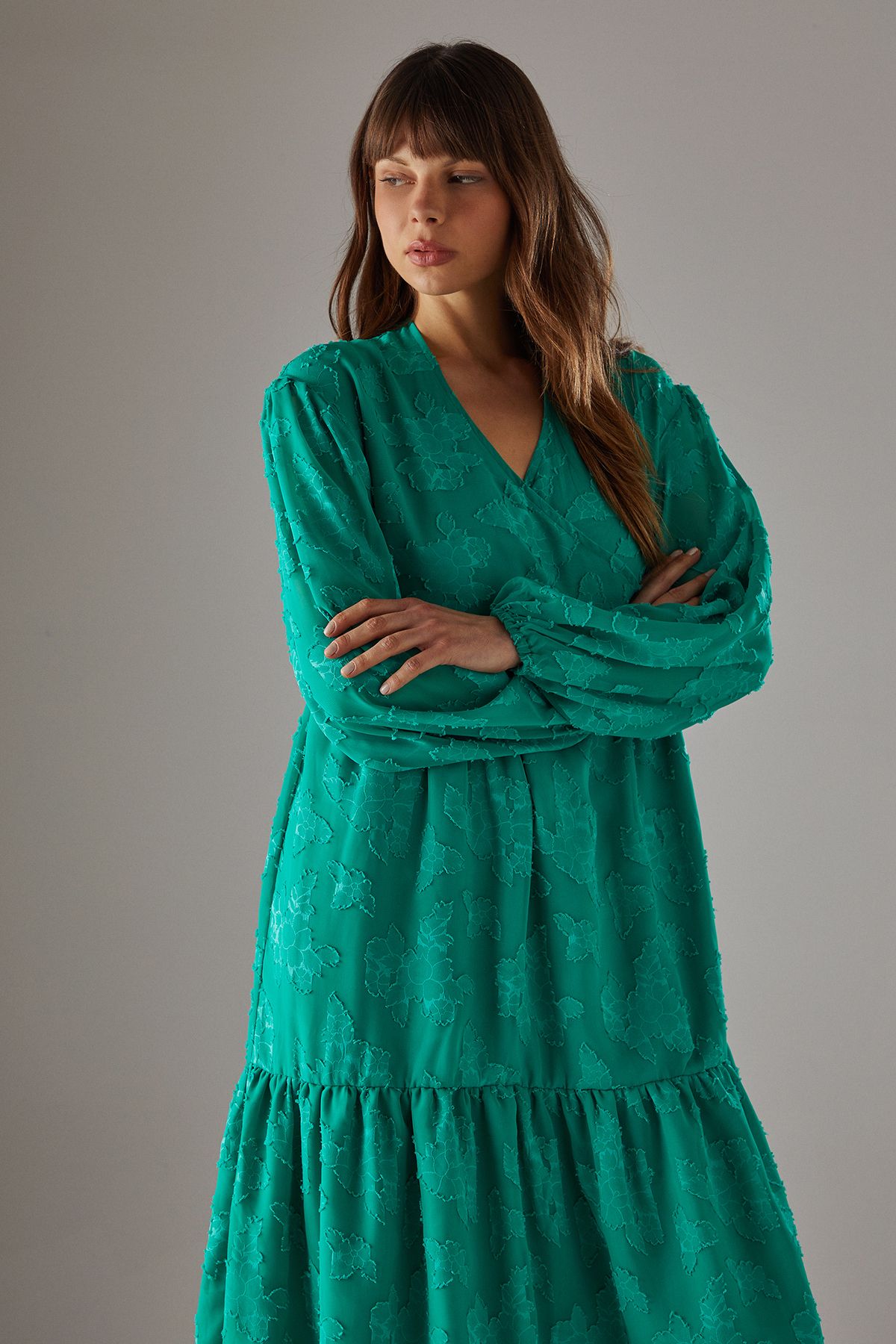 Warehouse Burnout Chiffon Wrap Smock Midi Dress