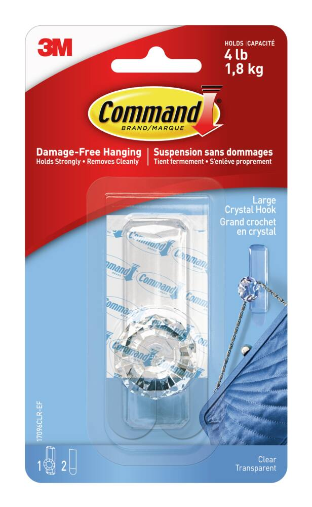 Command Large Decorative Crystal Hook with Adhesive Strips, Clear, 4-lbs, 1 Strip per Pack