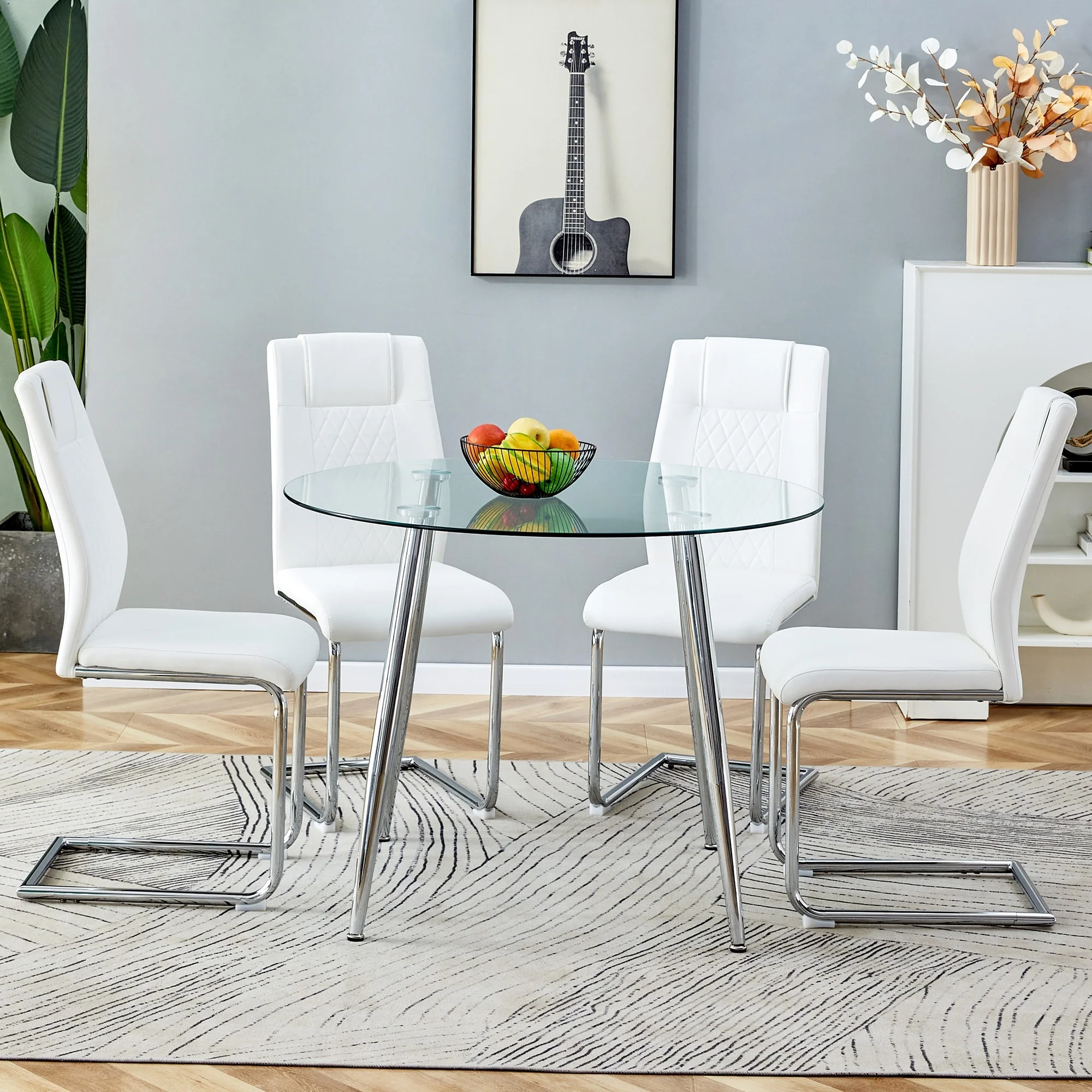 Modern 5-Piece Dining Table Set with Round Tempered Glass Top and 4 PU Upholstered Chairs