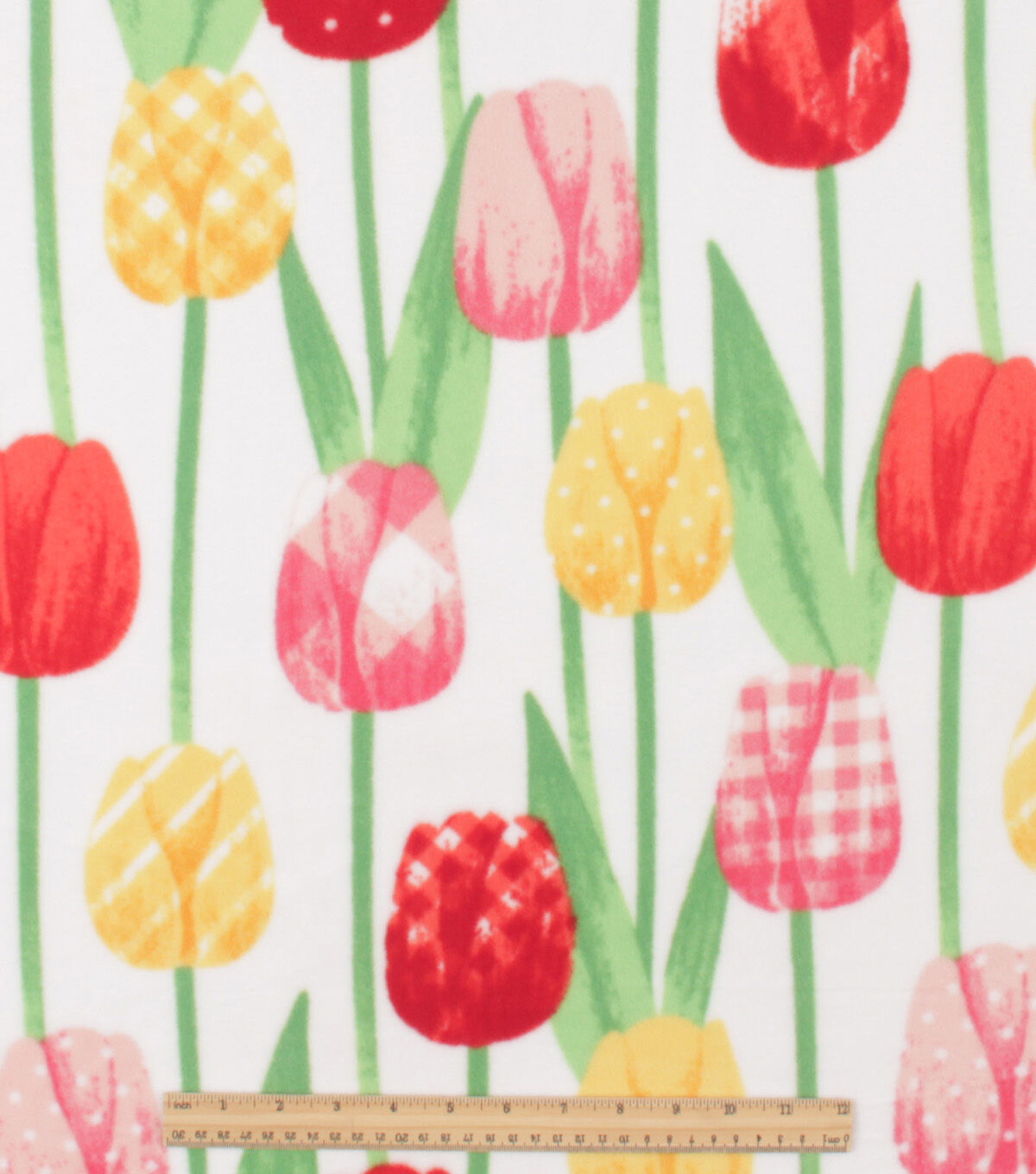 Patterned Tulips on White Anti Pill Plush Fleece Fabric
