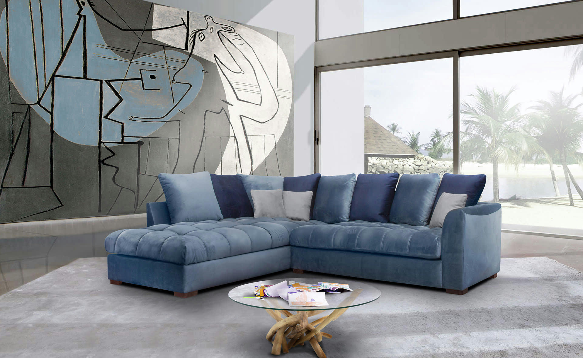 BARDI - Canapé d'angle gauche 5 places tissu bleu clair