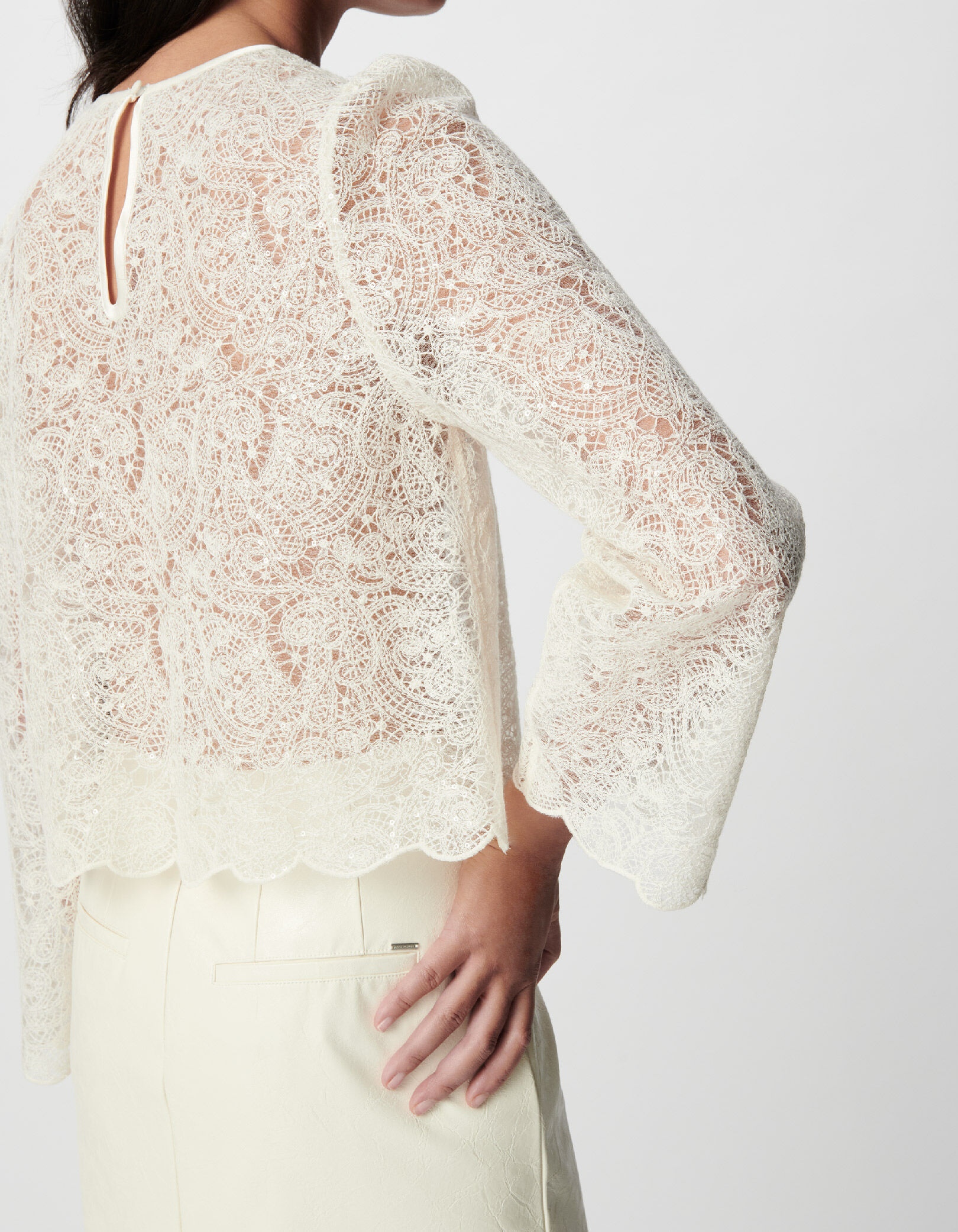 Blouse courte blanche en dentelle Femme