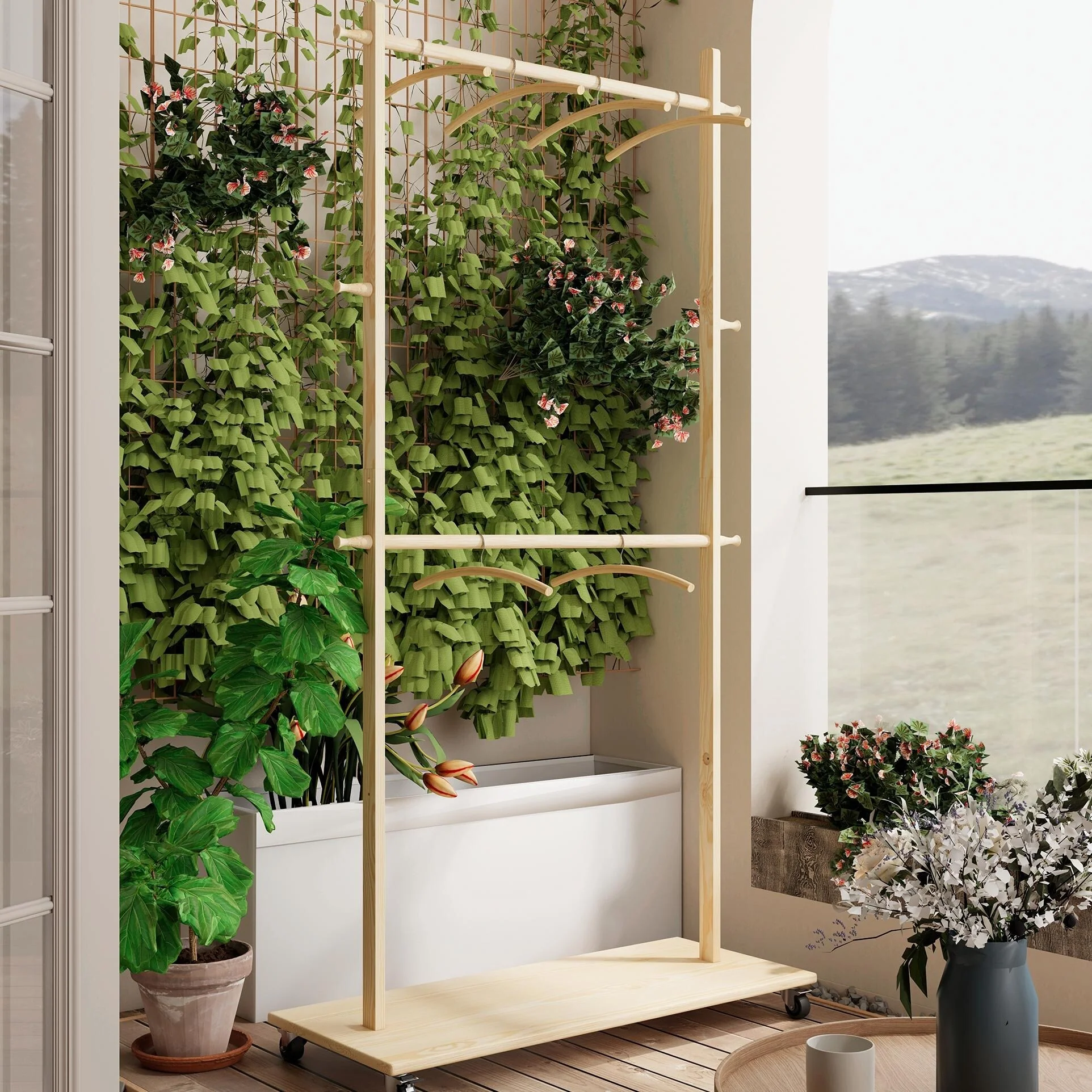 Solid Wood Garment Rack with Wheels & 6 Hangers - Space Saving