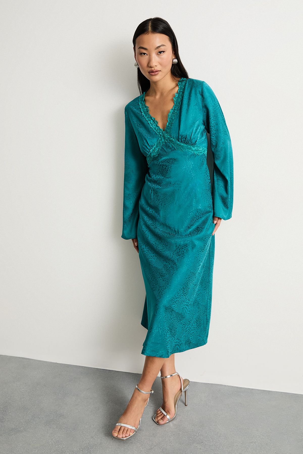 Warehouse Petite Satin Jacquard Lace Insert Godet Midi Dress