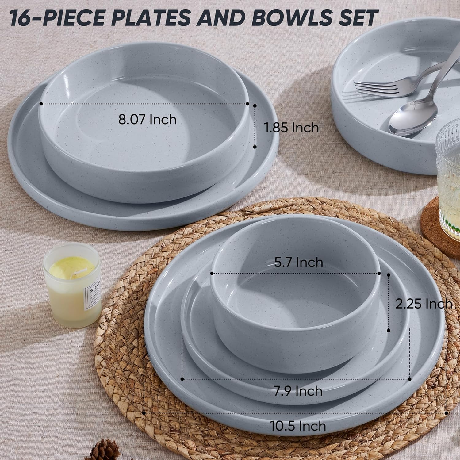 E-far 16-Piece Plates and Bowls Sets - Stoneware Dinnerware Sets with Pasta Bowls for 4 | Microwave & Dishwasher Safe Kitchen Modern Dish Set, Speckled Gray