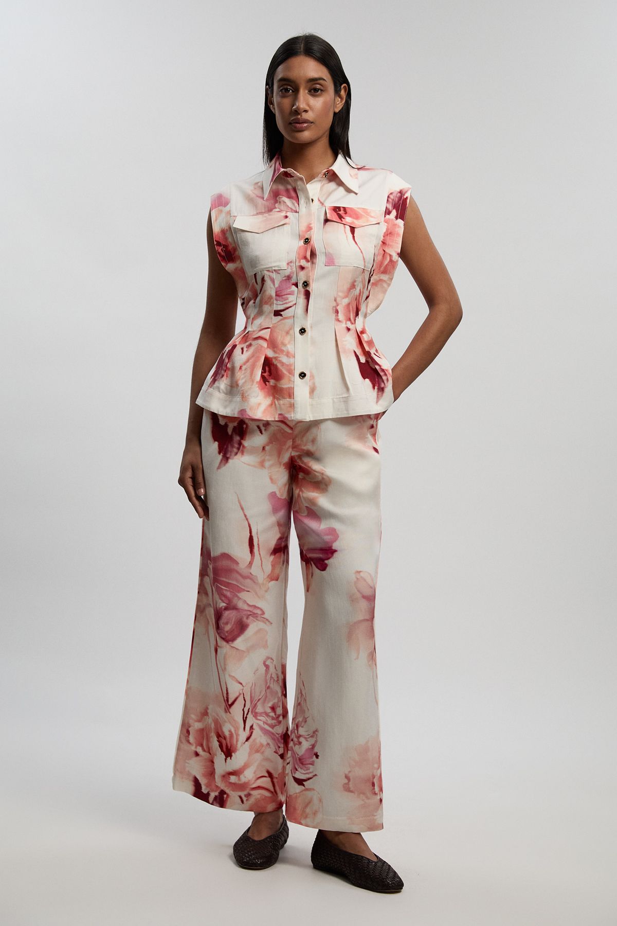 KarenMillen Premium Viscose Linen Floral Woven Straight Leg Trouser