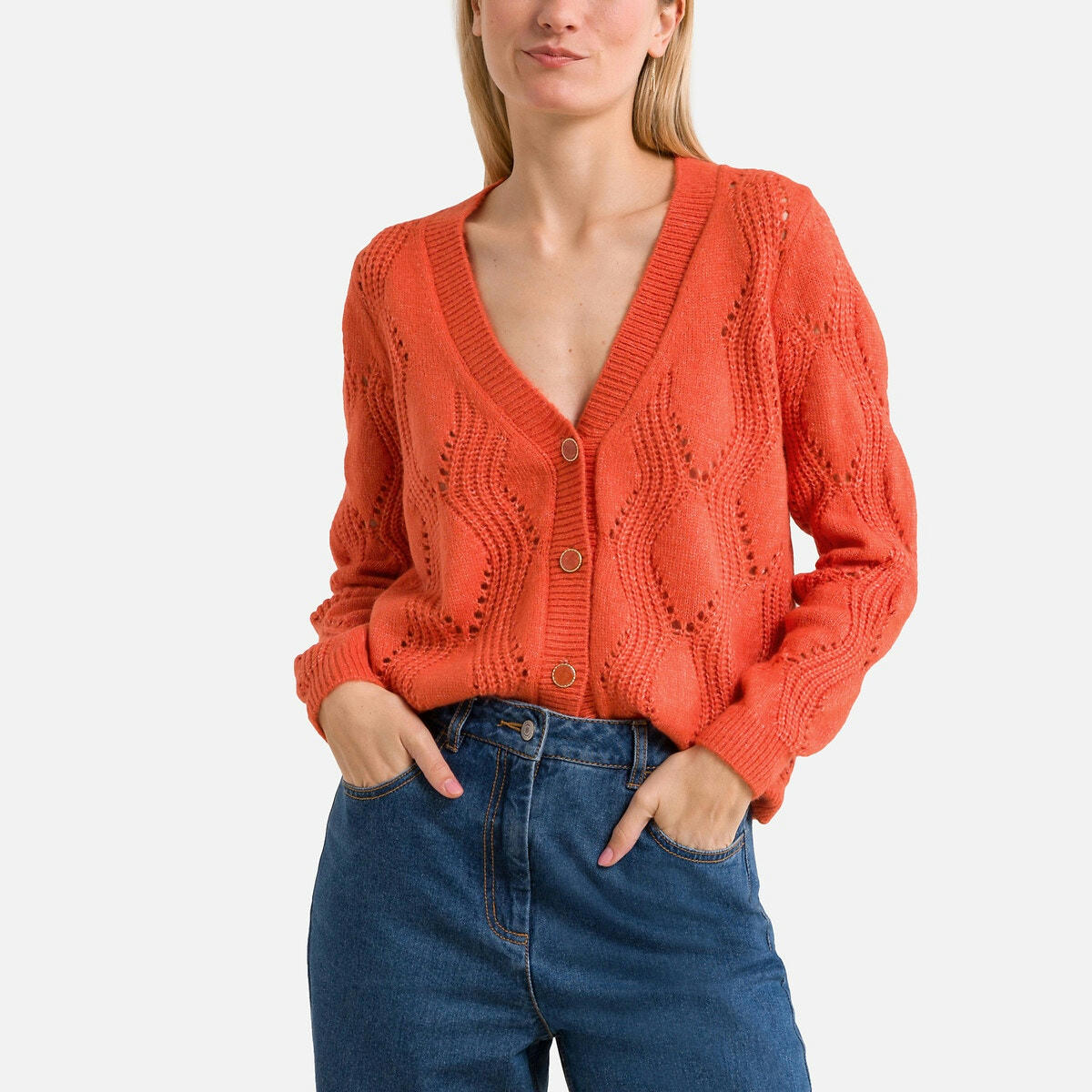 Gilet col v, maille ajourée