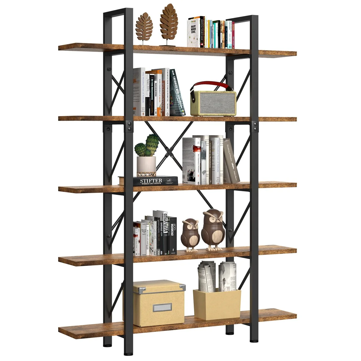 Moasis 5-Tier Bookshelf, Vintage Industrial Style Bookcase Display Shelves for Living Room