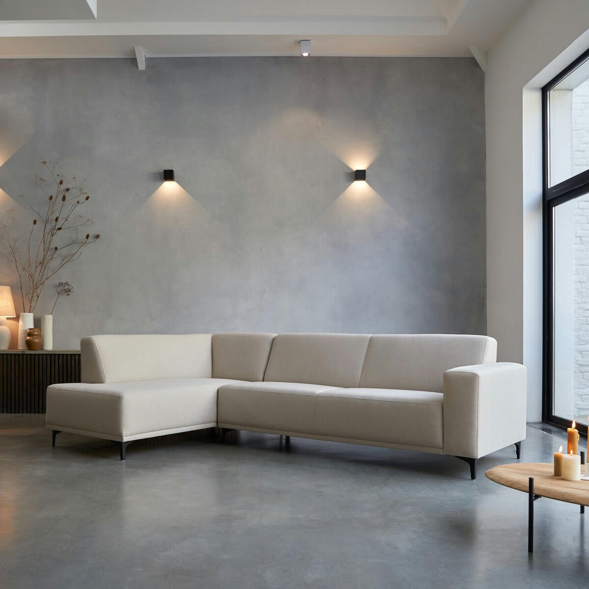 LARS - Canapé d'angle gauche en tissu écru 295 x 185 cm, 5 places