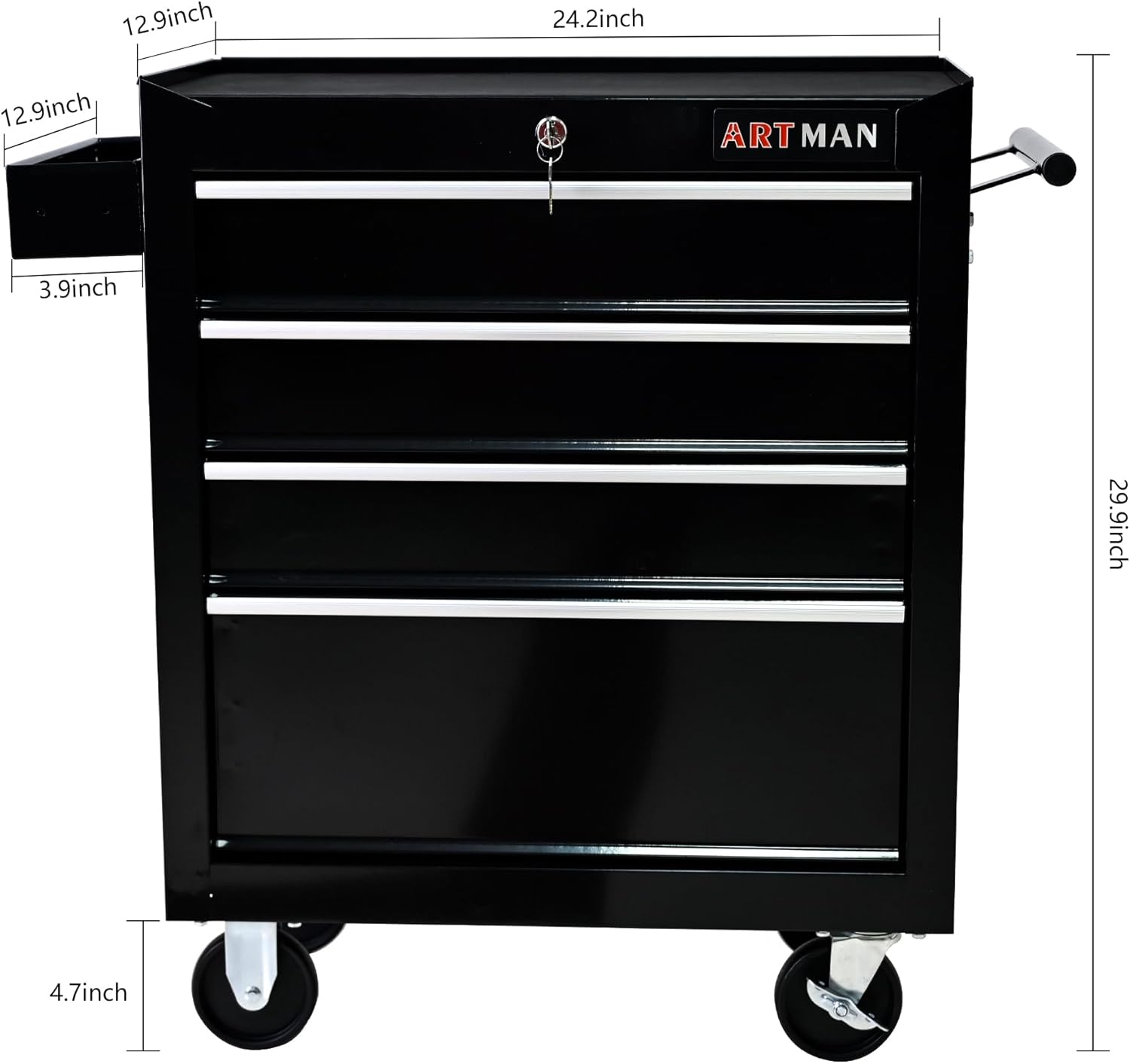 4-Drawer Rolling Toolbox Cabinet, Large Capacity Metal Toolbox with Wheels and Key Lock, Rolling Toolbox Organizer Toolbox, Heavy-Duty Industrial Service cart Storage Organizer