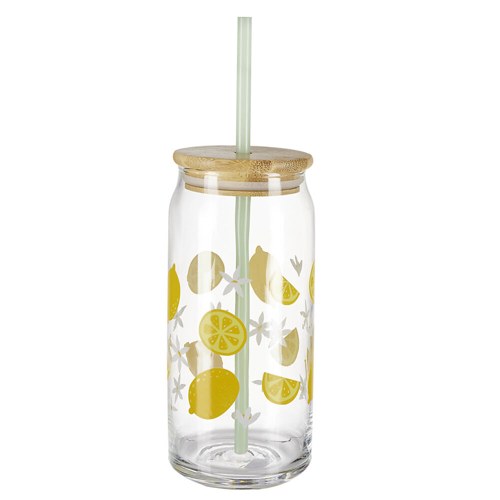 Gobelet en verre motif citron avec paille et couvercle bambou 600ml