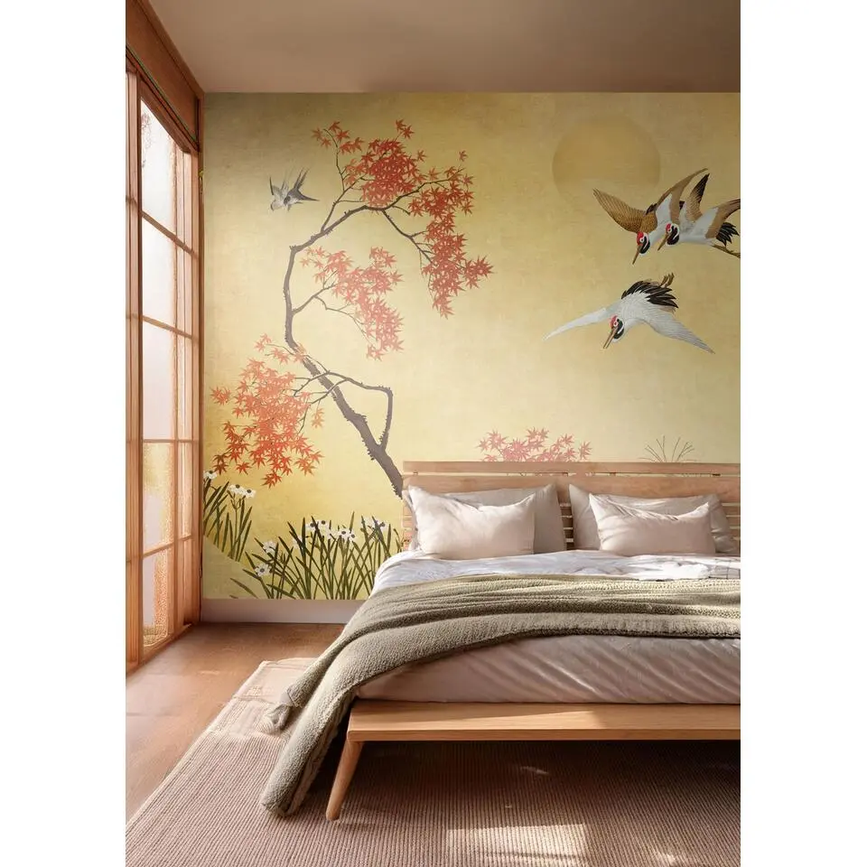 Sanders & Sanders fotobehang kraanvogels geel en bruin - 424 x 280 cm