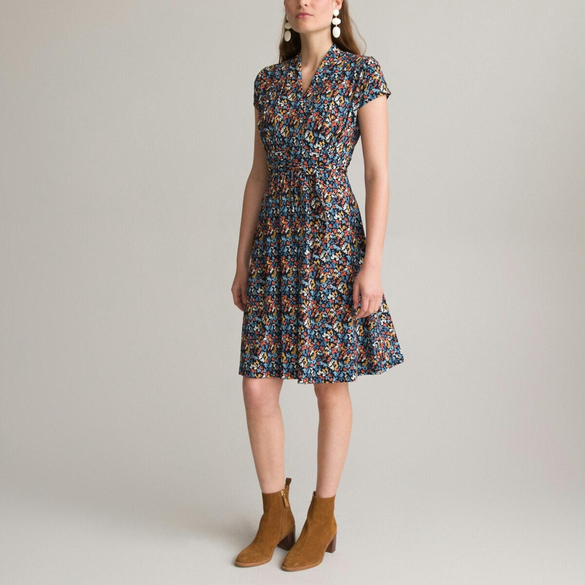 Robe évasée, imprimé floral, longueur midi, 3/4
